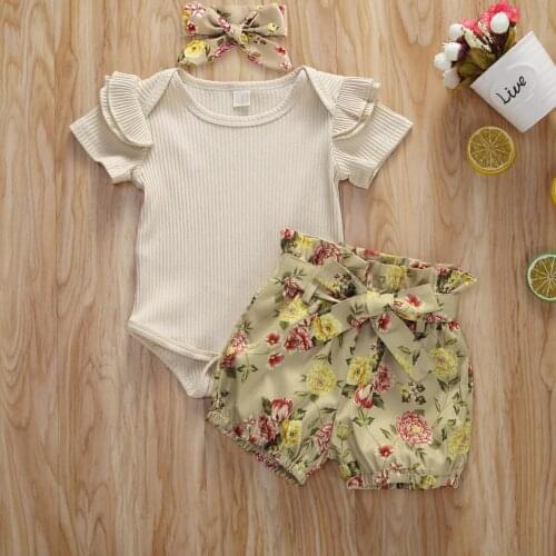 Pudcoco Newborn Baby Girl Clothes Summer Solid Color Short Sleeve Knitted Cotton Romper Tops Flower Print Shorts Headband 3Pcs