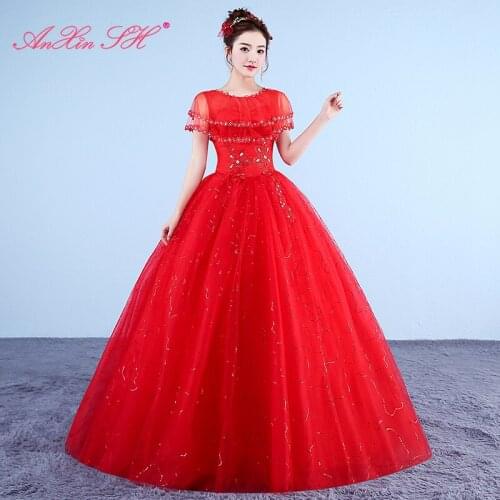 AXJFU flower lace red wedding Dress princess vintage o neck illusion flower batwing sleeve lace turkey bride white wedding dress