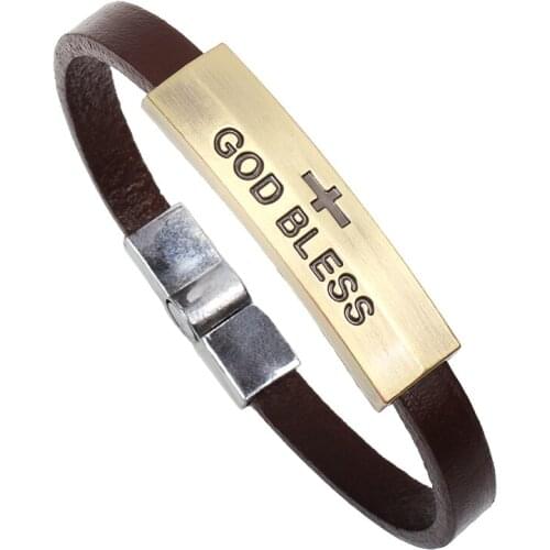 Hot Brown Leather Bangles Cross God Bless Charm Bracelets Jewelry Valentines Day Gift Man Leather Bracelets for Women Pulsera