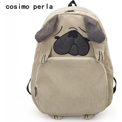 Cute Pug Dog Corduroy Backpacks for Women Japan Style Fox Embroidery School Bags for Teenage Girls Large Travel Mochila Female
