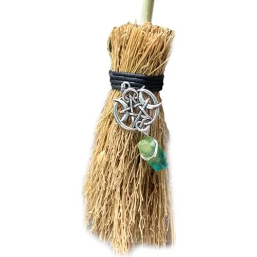 Mini Broom Straw Witch Brooms with Hanging Crystal Pendant Decorations for Halloween Wicca Altar Broom
