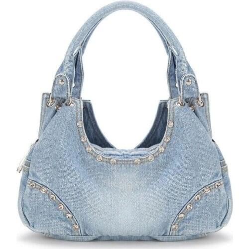 Fashion Diamonds Rivet Denim Bag Women Totes Ladies Handbags Womens Shoulder Bags Casual Women Tote Bag