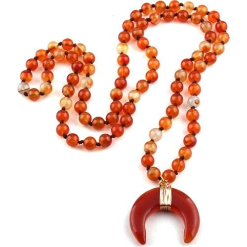 MOODPC Fashion Semi- Precious Stones Long Knotted Stone Moon Pendant Necklaces