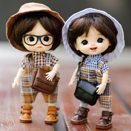 Ob11 doll dress GSC Clay YMY BODY9 DDF plain retro plaid cross pack suit Hat + shirt + pant +bag Doll accessories