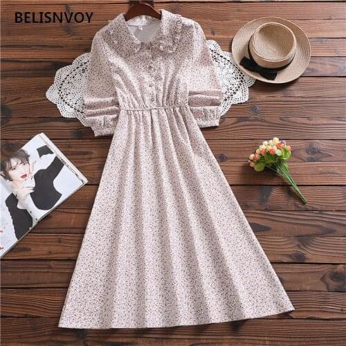 2021 New Mori Girl Women A-line Midi Dresses Ruffled Collar Floral Printed Feminine Dress Long Sleeve Elegant Corduroy Dress