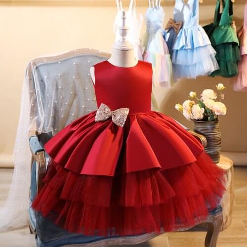 Dresses For Girls 2021 New Year Children Cake Princess Dress Christmas Costume Evening Dress Bow-Knot Net Yarn 0-5 Kids Clothes
