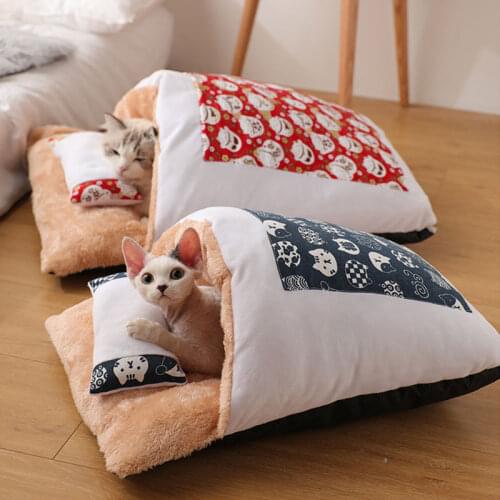 Japanese-style Semi-closed cats bed new year lambs wool winter cats house sleeping sofa pet tent pillow blanket dog accessories