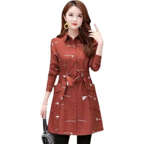 Plus size 5XL Thin Windbreaker Female New Spring Shirt Collar Mid Long Outerwear Drawstring Elastic Waist Womens Trench Coat