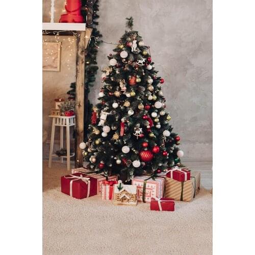 Christmas Tree Gifts Gray Wall Photo Backdrops Custom Backgrounds Photography Props for Children Baby Family Party Photoshoot