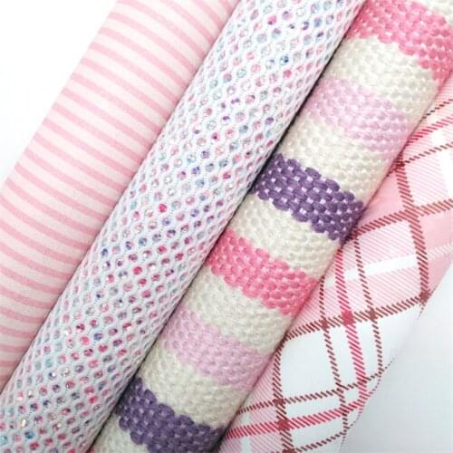 Pink Mesh Glitter leather, Stripes Flowers Printed Faux Leather, Stripes Cotton Fabric For Bow A4 21x29CM Twinkling Ming KM145