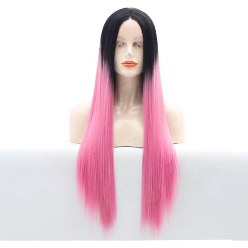Pink Wig Ombre Straight Long Wigs for Women Middle Part Wigs Dark Roots Heat Resistant Natural Synthetic Lace Front Wigs