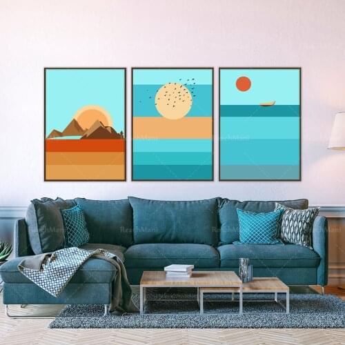Scandinavian Landscape, Minimalist Sunrise, Sunset Mountain, Sailing Boat Print, Modern Sea Sun Mountain, Geometric Scenery Art