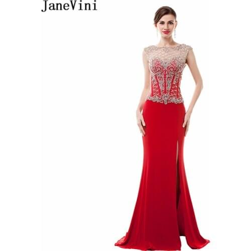 JaneVini Sexy Mermaid Red Long Bridesmaid Dresses 2018 Luxurious Beading High Split Backless Satin Formal Prom Gowns Sweep Train