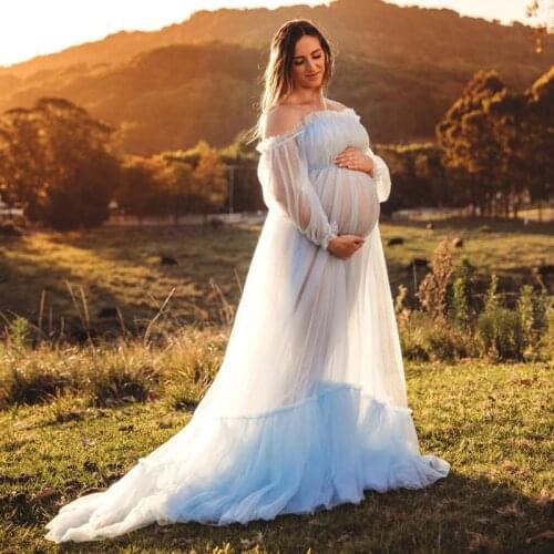 Light Blue See Thru Tulle Pregnant Woman Dresses Full Sleeves A-line Women Dresses To Photoshoot Long Robe