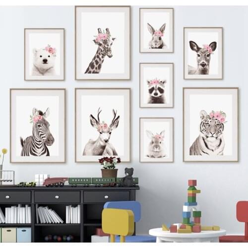 Tiger Bunny Bear Giraffe Koala Cat Flower Wall Art Canvas Painting Nordic Posters And Prints Wall Pictures For Living Room Decor