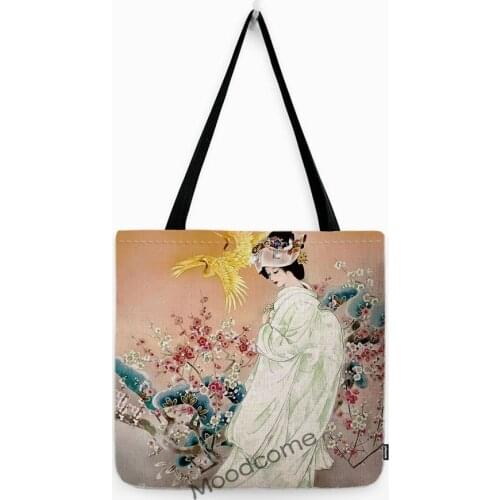 Traditional Japese Geisha Cartoon Floral Beautiful Girl Pretty Art Water Resistant Lady Shoulder Carrying Bag Fashion Tote Bag