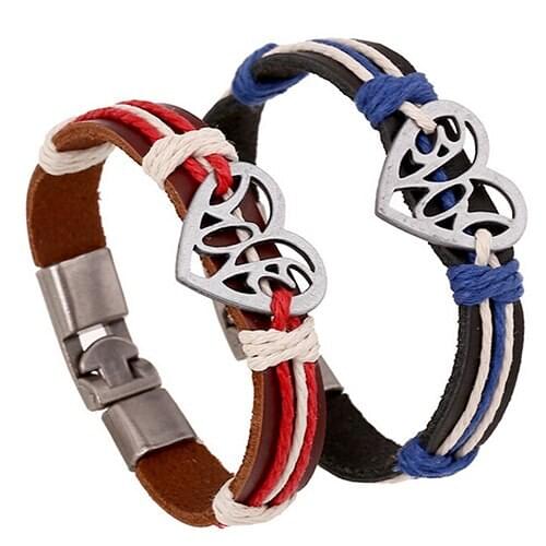 Lover Couple Hollow Love Heart Knitted Leather Bangle Alloy Cuff Buckle Bracelet 6YH A4FW