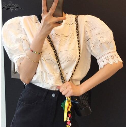 Summer Hollow Out Women Blouses 2021 Korean Style Sweet Puff Short Sleeve Women Shirts Casual O Neck Ladies Tops Female 15181