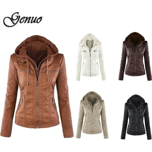 Hooded Women Leather Jacket Black Motor Coat Slim Zipper Casual Parka Overcoat Girls Work Brown PU Winter Jacket Coats