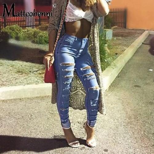 Women Casual Jeans 2021 Summer New Washed Distressed Holes Hollow Out Stretch Skinny Jeans Solid Denim Pants Ladies Pencil Pants