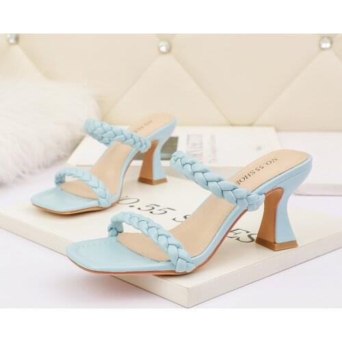2021 New Fashion Square High Heels Women Summer Shoes Sexy Pu Pleated Ytmtloy House Slippers Zapatillas Mujer Casa Sapato