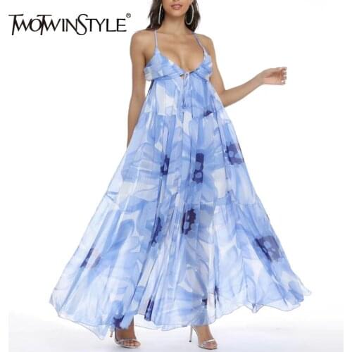 TWOTWINSTYLE Casual Print Loose Women Dress O Neck Sleeveless Spaghetti Strap High Waist Hit Color Midi Dresses Female Fashion