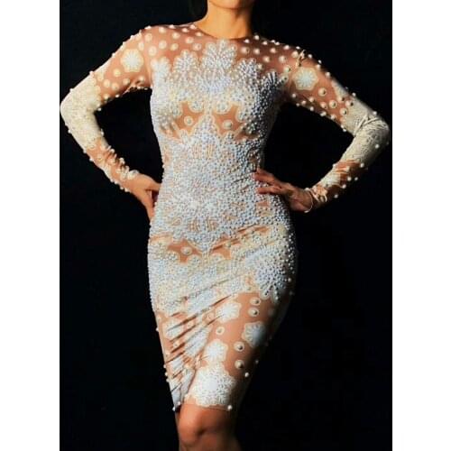 Beading Pearls O-Neck Long Sleeve Snow Elegant Party Dress Women Stage Dance Costume Nightclub Prom Birthday Celebrity Outfit