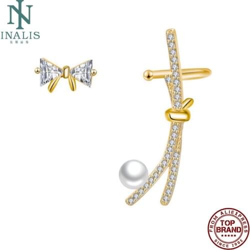 INALIS Golden Earrings For Women Bowknot Shape Drop Earring Inlay Imitation Pearl And Zirconia Fashion Jewelry Free Shipping