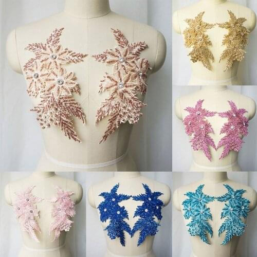 2Pcs Rhinestones Sequin Embroidery Lace Applique 3D flower Sewing Lace Patch DIY Craft Collar Dress Clothes Accessories