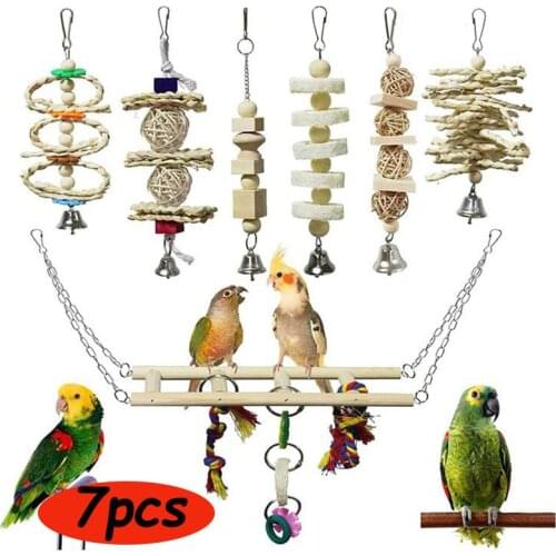 7Pcs/Set Bird Parrot Toys Wooden Hanging Swing Hammock Climbing Ladders Perches