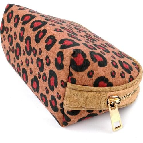 Free shipping Leopard Wooden Purse Portugal Cork Makeup Bag Vegan Leather Cosmetic Pouch