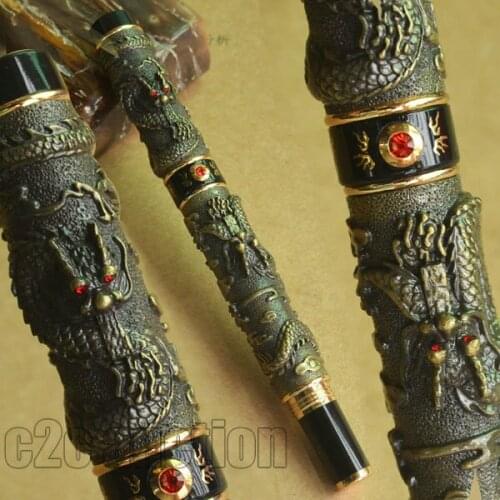 JINHAO NOBLEST ANTIQUE BRASS TWO DRAGON PLAY PEARL FOUNTAIN PEN 0.7mm BROAD NIB