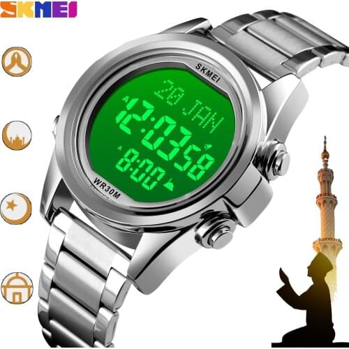 New SKMEI Digital For Muslim Mens Watch Qibla Time Prayer Electronic Bracelet Clock Steel Waterproof Male Wristwatches Gifts