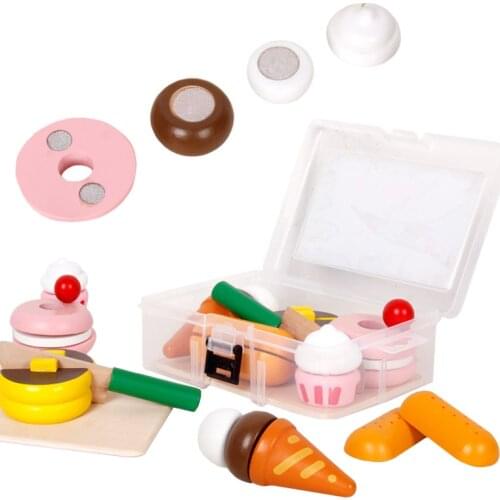 Wooden Boxed Kids Toys Simulation Food Dessert Cake Bread Ice Cream Pretend Kitchen Toys Velcro Cut Fruits Pretend To Play Games
