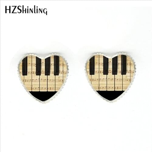 HER-0027 New Fashion Piano Stud Earrings Handmade Music Heart shaped Earring Glass Dome Piano Keyboard Jewelry for Music Lover