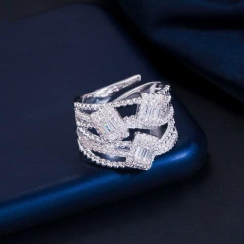 ThreeGraces Sparkling Cubic Zirconia White Gold Color Adjustable Big Wide Geometric Open Rings for Women Wedding Jewelry RG155