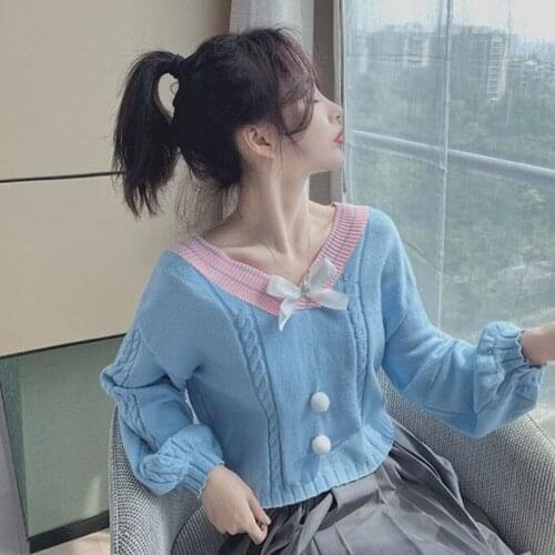 Korean Knitted Sweater Sweet Women Long Sleeve V Neck Bow Vintage Pullover Cropped Tops Knitwear Cute Girls Teens JK Jumper New