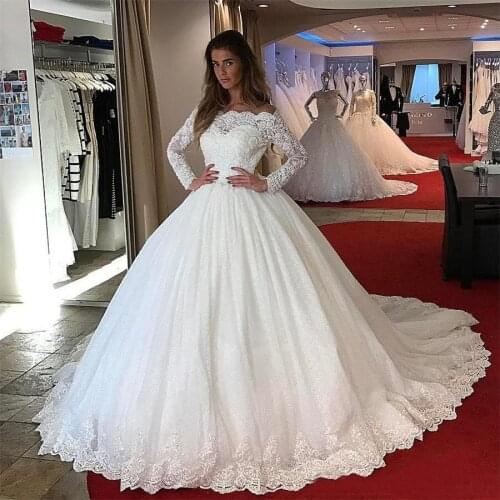 Lace Off the Shoulder Long Sleeves Tulle Ball Gown Wedding Dresses Applique Bodice Lace with Crystals Bridal Gowns