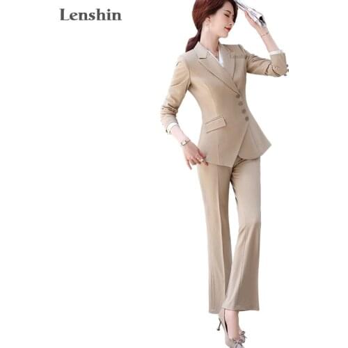 Lenshin High-quality Women Suits Two Pieces Four Button Asymmetry Pant Suit Fashion Office Lady Blazer and Flare Trouser