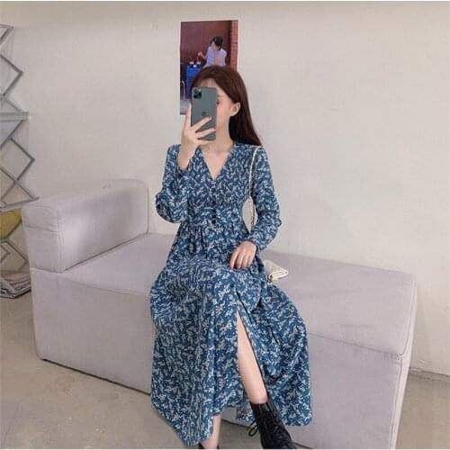Fashion French waist V-neck floral dress spring autumn new style 4XL gentle wind split platycodon temperament dress women s21