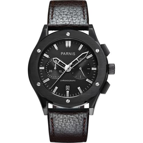 Parnis Pilot V Seriers Luminous Mens Leather Watchband Military Sport Chronograph Quartz Watch Wristwatch