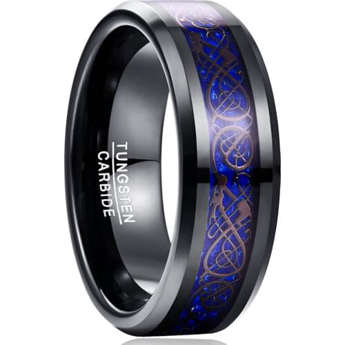 Nuncad Blue Dragon Tungsten Carbide Soul Mate Ring Men Jewelry Wedding 8MM Wide Plating Black Rings Best Gift for Husband