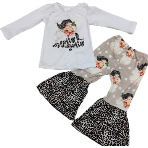 New Girls Outfits White Long Sleeves Tops Leopard Bell Bottom Pants Christmas Boutique Kids Clothing-Sets