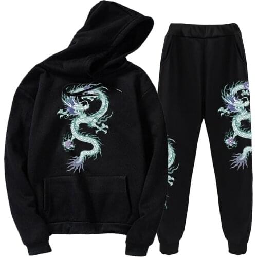 New Dragon Hip Hop Kawaii Harajuku Womens Top Long Series Casual Mens and Womens Sports Pants Hoodie Set