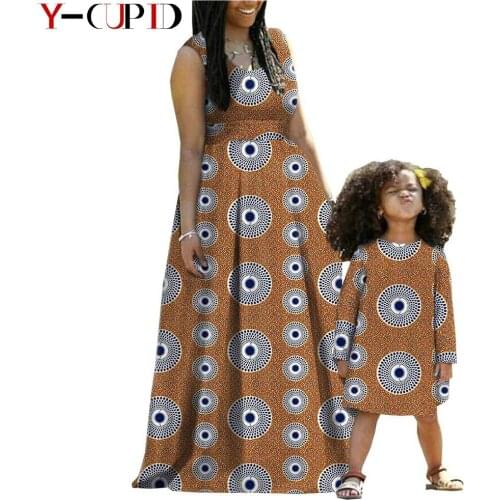 Mother Daughter Matching Clothing Bazin Riche African Print Long Dresses for Women Baby Girls Outfits Dresses Party A19F001