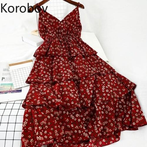 Korobov Korean Flower Print Women Spaghetti Strap Dress Vintage V Neck Preppy Style Summer Dresses Sweet Chic Vestidos Mujer