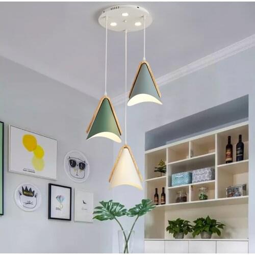 Nordic Macaron LED Pendant Wooden/Iron Cone Dining Table Pendant Three-Heads E27W Personality Lamp for Living Room Bar Kitchen