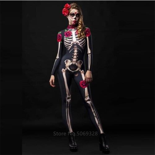 Skeleton Rose Sexy Women Halloween Devil Ghost Jumpsuit Party Carnival Performance Scary Costume Kids Baby Girls Day Of The Dead