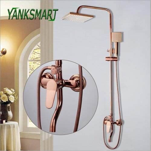 YANKSMART Rose Gold Bathroom Shower Faucet Set 8 Inch Square Rainfall Shower Head Handshower Concealed Install Mixer Water Tap