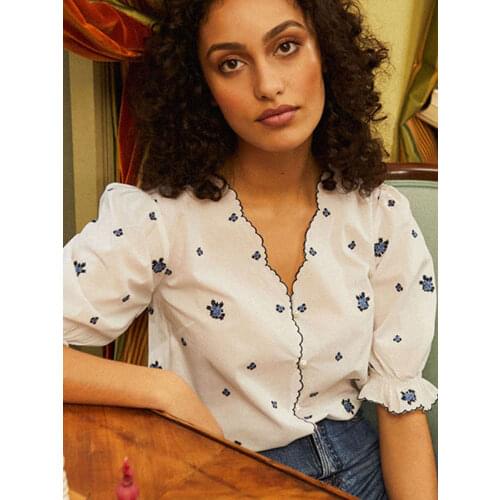 Ruffles Puff Sleeve Shirts Women V Neck Floral Embroidery Blouse 2021 Dreamy Flowers Mujer chemisier femme Shirts Elegant Tops